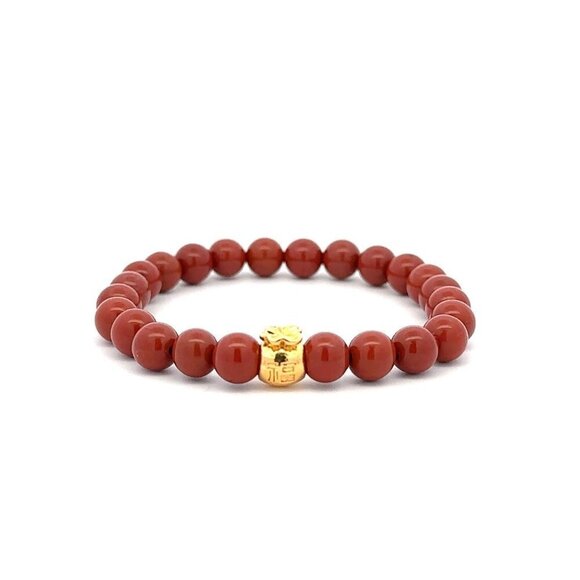 18K Gold Money Bag Red Jasper Gemstones 6mm Lucky Charm Elastic Bracelet - Picture 1 of 5